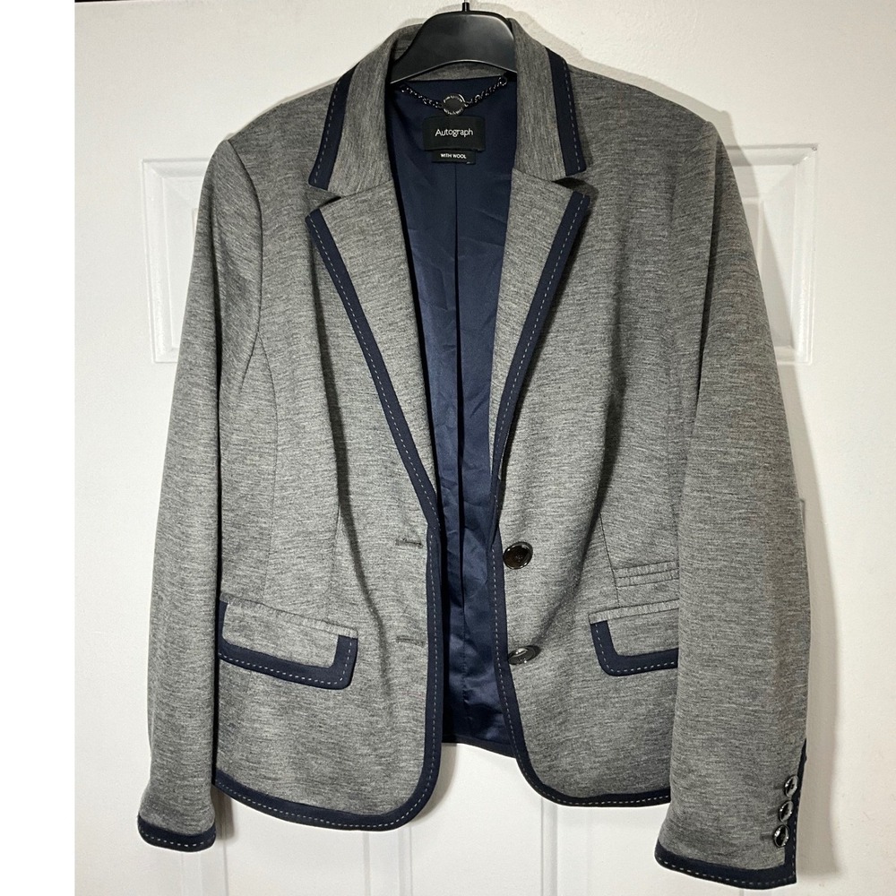 Autograph Grey Wool Blend Blazer Navy Trim Contrast Stitch Jacket Womens